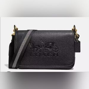 COACH JES MESSENGER  Black Pebble Leather Shoulder Bag Wide Strap Big Logo